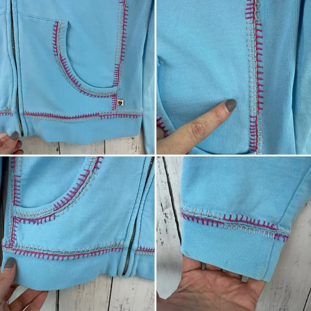 VTG Twisted Heart Blue Y2K Floral Embroidered Sequin Full Zip Jacket Size Medium - Picture 5 of 14